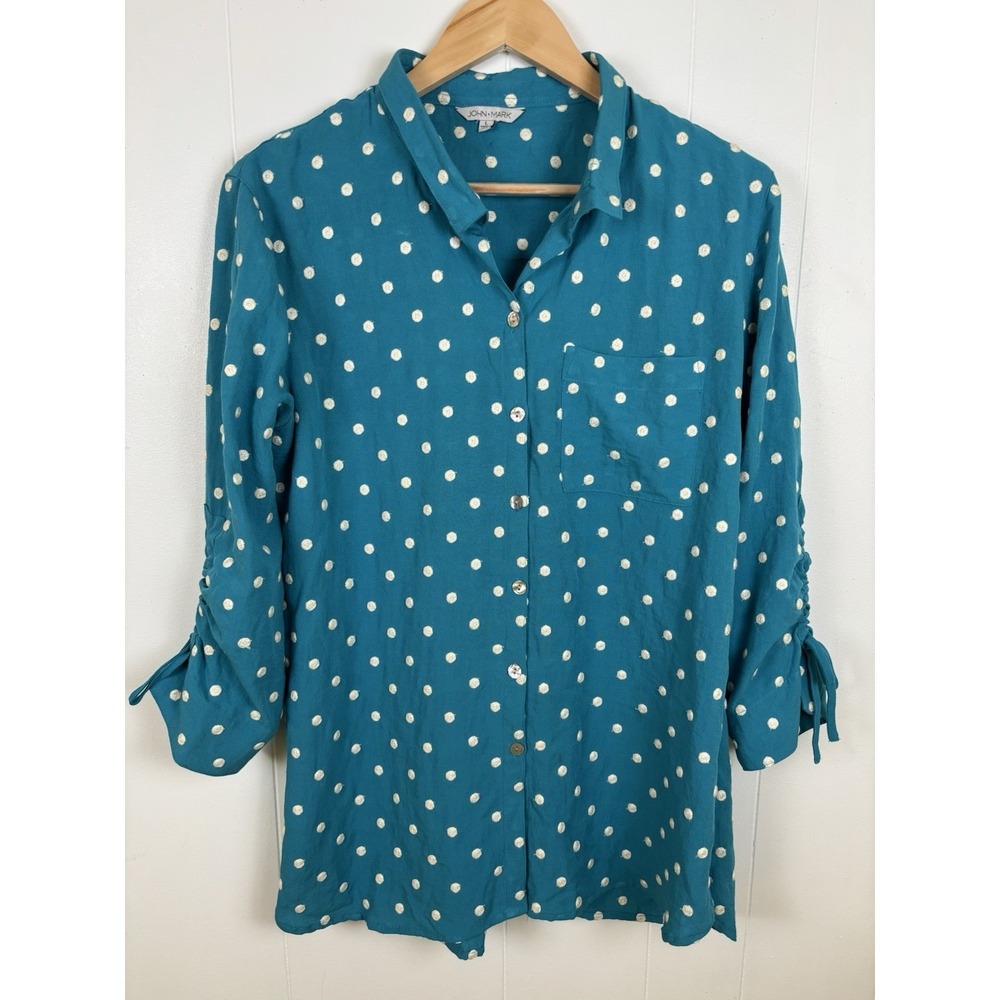 John Mark Shirt Womens Large Blue Polka Dot Embroidered Tunic Button 3/4 Sleeve